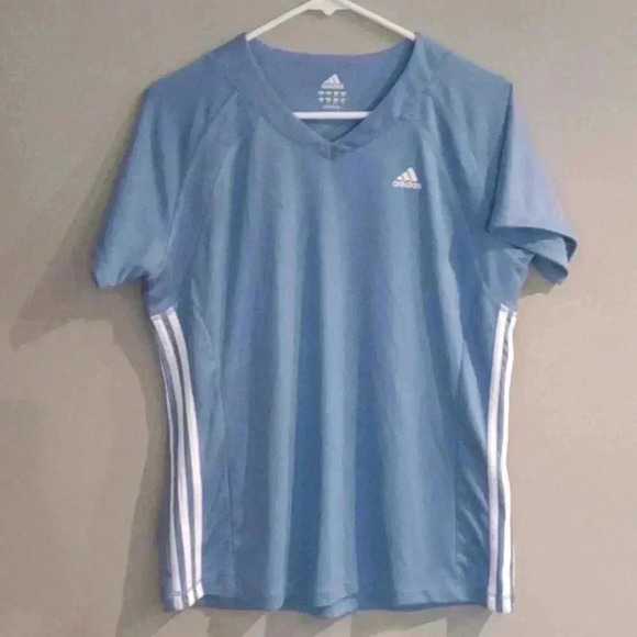 Vintage Adidas short sleeve thermo system baby blue v-neck‎ top women's large - Picture 1 of 4